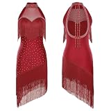 Vestidos Baile Latino Rhinestones Latin Tango Belly Dance Fringe Dress Womens Halter Sleeveless Back Cut For Class Competition Performance(L)