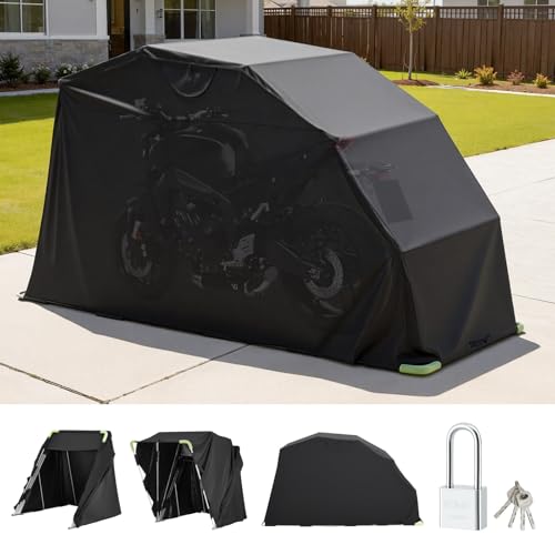 VEVOR Motorcycle Storage Shelter 136 x 54 x 75 in with Security Lock, 600D Oxford Flip-Up Garage Tent, Heavy-Duty All-Weather Motorcycle Cover Shed with 2 Side Windows, Outdoor Vehicle Shelter, Black