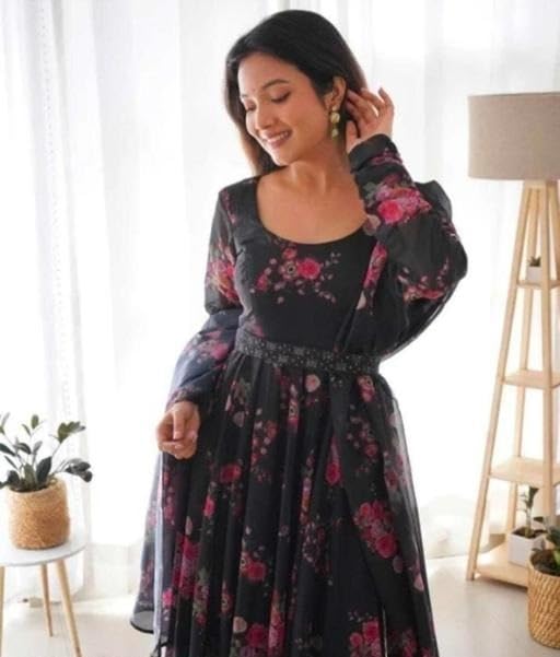 Image of Elegant Floral Printed Long Kurti with Matching Dupatta in Flowing Poly Georgette Fabric for Graceful Ethnic and Festive