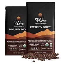 Peak State Immunity Boost Medium Roast Organic Mushroom Coffee, Low Acid & Smooth, Dark Chocolate & Sweet Grape Notes, Whole Bean, Gluten Free, 12 oz 2 Pack