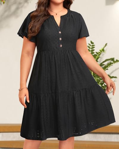 Plus Size Summer Dress - Casual Sundress Beach Short Sleeve V Neck Tiered Button Up Boho Midi Flowy Sun Dresses Women2
