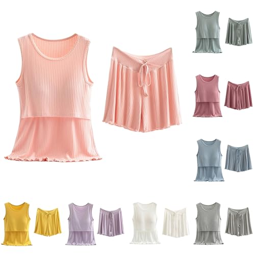 LZPCarra Pijama corto para mujer, sin mangas, algodón, pijama de lactancia para mujer, traje de casa corto, 2 piezas, elegante, ropa de dormir de verano, pantalones cortos, holgada, cuello redondo