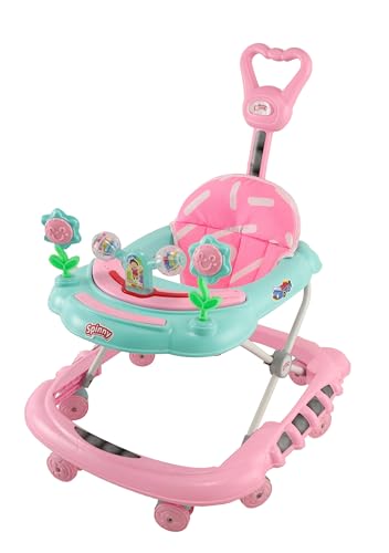 Image of JoyRide Spinny Spinner 8 Wheels Baby Walker, Adjustable Height,Parentle Handle, Comfortable Seat, Music and Light, 360 Degree Rotation, Maximum Weight: 12 kg (Green Pink)