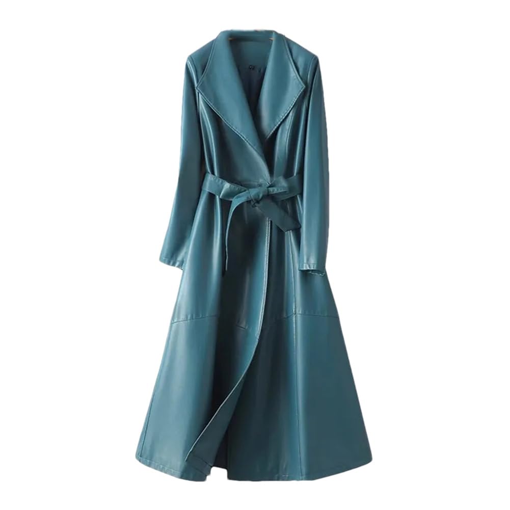 Womens Leather Long Trench Coats Buttons Belt Sheepskin Coats Double Breast Slim Windbreaker