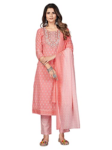 Image of Vbuyz Women's Printed & Embroidered Straight Cotton Stitched Kurta With Dupatta