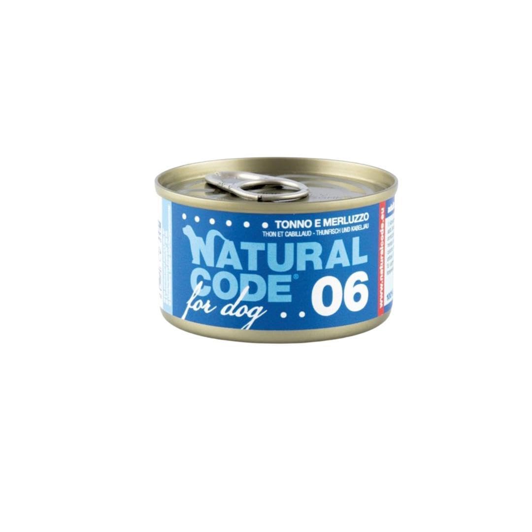 Natural Code - Comida húmeda para perro número 06, sabor atún y bacalao, alimento completo en desfiles para perros adultos de todas las tallas y razas, en lata, 12 latas de 90 gramos cada una, 12 x 90