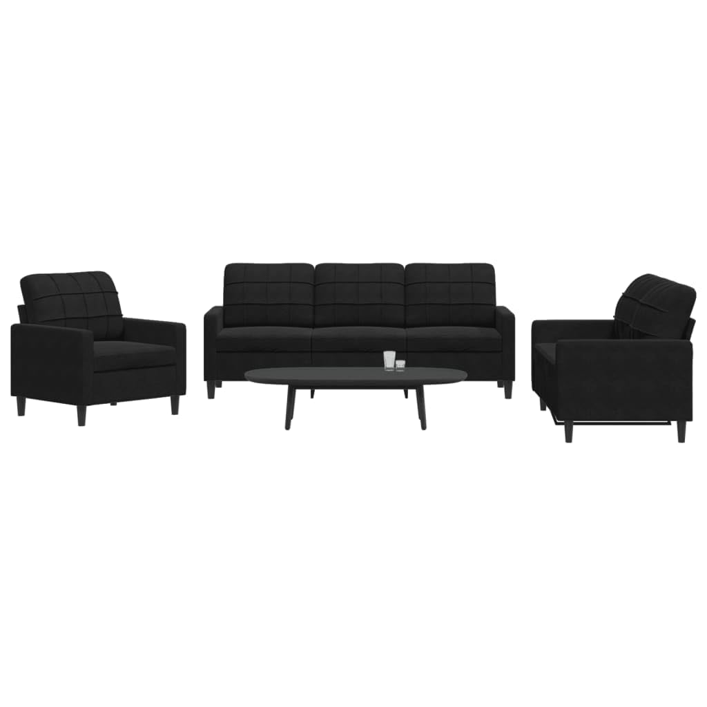 Juego de sofá de 3 piezas, terciopelo negro, estructura de metal, diseño moderno, acolchado suave, experiencia de asiento cómoda, sala de estar, oficina, recepción