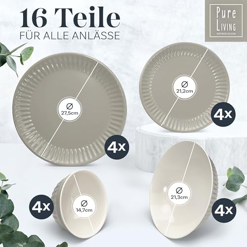 Steingut Geschirrset 4 Personen Hygge 16 tlg. TESTSIEGER, Traumhaftes Skandinavisches Steingut Geschirr Set, Schüssel- und Teller Set, Tafelservice 4 Personen, Geschirrsets Pure Living in Hellbraun
