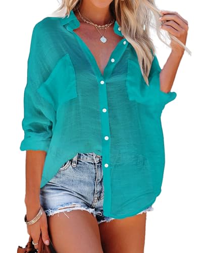 Image of Bsubseach Women Button Down Beach Shirt Long Sleeve Swimsuit Cover Up