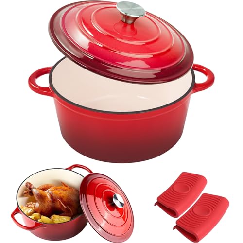 EOGILY 6 QT Enameled Dutch Oven Pot with Lid Cast Iron Dutch Oven with Dual Handles Non-Stick Ovenproof Enamelled Casserole Pot with Anti-scald Glove for Bread Baking Cooking (Red)