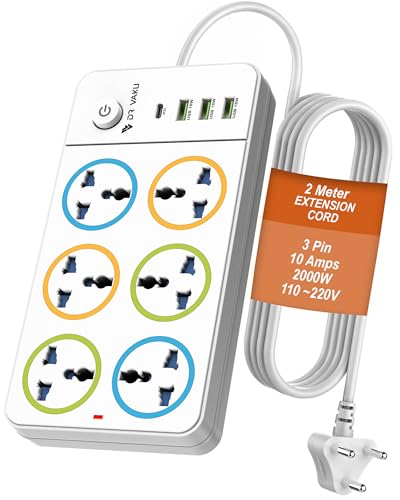 Image of DR VAKU 10in1 2000W Extension Board with 6 Universal Sockets 3 USB A Ports (18W), 20W Fast PD Type C Charge 2 Meter Heavy Duty Cord Smart Chip Power Strip for Home Office Travel, 220 Volts- White