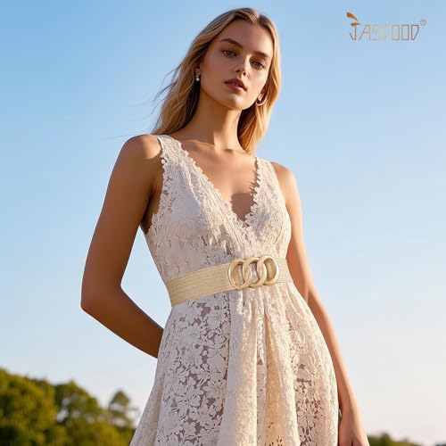 JASGOOD Wide Straw Woven Stretchy Belt for Women Boho Braided Elastic Dress Waist Belt for Ladies,Beige2