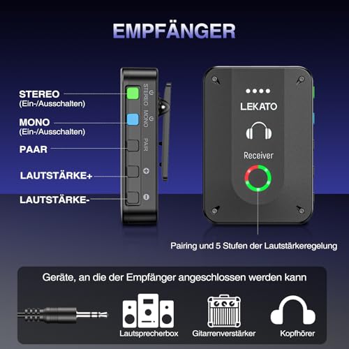 LEKATO MS-02 Drahtloses In-Ear Monitoring System, Professionelles kabelloses 2.4G IEM-System mit Sender & Empfänger im Mono- und Stereo-Mode, Eins zu Mehr- geeignet für Bandproben und Live-Auftritt