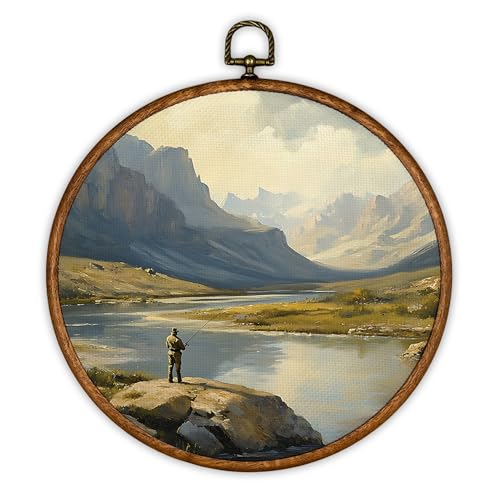 iEFEY Vintage Landscape Framed Canvas Wall Art Decor, Fishing Decor, Rustic Fly Fisherman River Scenery Hanging Canvas Prints Decorations for Lake House Farmhouse Bedrrom 10'x10'