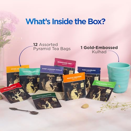Image of CHAYAM Delightful Brews Value Tea Gift Set with Cup | 12 Assorted Tea Bags & Elegant Gold-Accented Ceramic Kulhad | Tea Hamper for Corporate Gifting | Festive & Birthday Gift | Value Tea Sampler Gift Pack