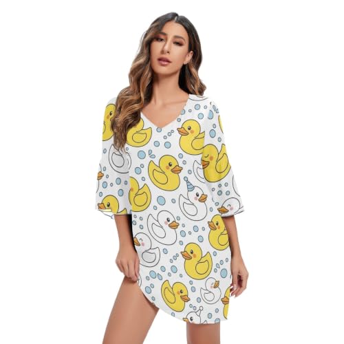 Robe col V canards blancs et manches 3/4 coupe évasée