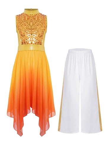 RUNQHUI - Vestido de baile limírico para niña y niño, traje de danza, alabanza con lentejuelas brillantes, dorado, 5-6 Años