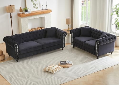 Image of 2 Piece Living Room Sofa Set, Velvet Button Tufted Couch and Loveseat Set with Nailhead Trim&Roll Armrests, Mid Century Modern Chesterfield Sofa for Living Room, Office(Loveseat+3 Seater, Dark Black)