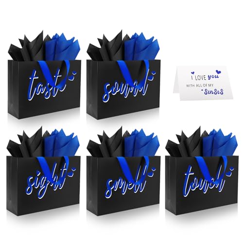 Epoesch 5 Senses Gift Bags for Him With Labels - Includes Tissue Paper & Greeting Card Unique Birthday ValentineS Day Anniversary Wedding Gifts for Boyfriend Bf or Husband (Black with blue lettering)