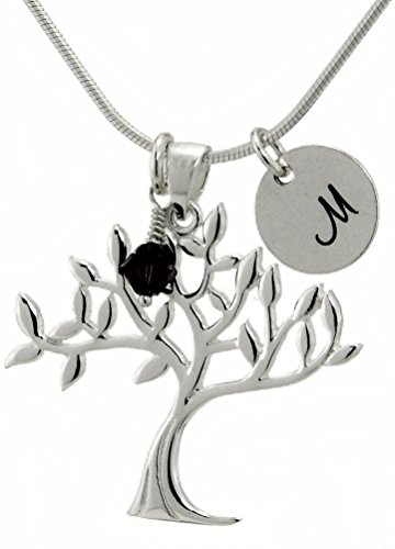 Denischarm Tree of Life Necklace 925 Sterling Silver Nature Pendant Custom Hand Stamped Initial Letter Round Tag Crystal Birthstone Charm Snake Chain Necklace (20)