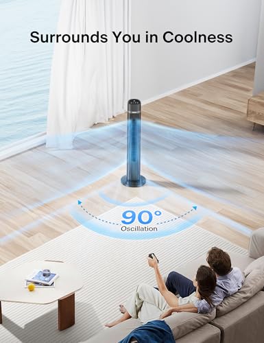 Image of PELONIS 40 inch Bladeless Tower Fan for Bedroom, Standing Fan with Remote Control, 26ft /s, 90 Oscillation, 3 Speed Settings, 27 Db, 3 Modes, 15-Hour Timer, LED Display, Fan that Blows Cold Air, Grey