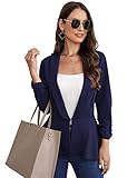 Clearlove Damen Blazer 3/4 Ärmel Lang Elegant Blazerjacke Einfarbig Slim Ruffled Blazer Geschäft Büro Blazer Sportlich Jack Outwear Revers Anzüge mit Taschen Dunkelblau,S