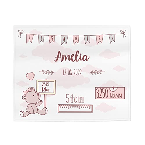 Striefchen® Baby Kuscheldecke zur Geburt, 120 x 100 cm, für Jungen und Mädchen, Teddy Motiv mit Wunschangaben Rosa