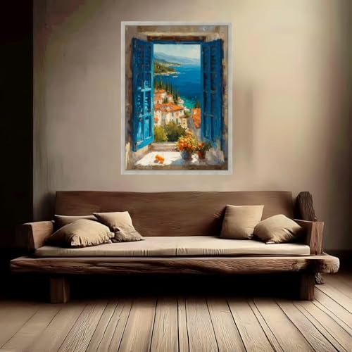 Tableau représentant une vue côtière volets bleus 50 x 75 cm - 3