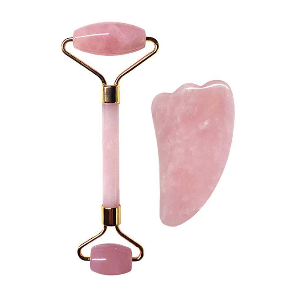 Rodillo de jade de jade de cuarzo rosa Jade natural Rodillo de adelgazamiento anti-cellulita arrugas Gua Sha Sha Shade Masajeador facial Herramienta de elevación facial-todo el juego