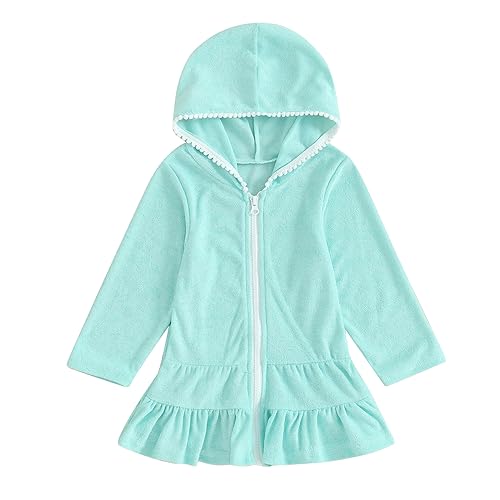 Image of Girls Terry Cloth Swim Cover Up Zip Up Hooded Bathing Suit Coverup Wraps Rufled Kids Pool Beach Robe Cover-Up Dress