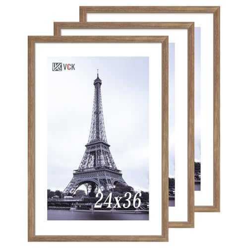 Image of VCK 24x36 Poster Frame Solid Wood Walnut 3 Pack Picture Frames 24 x 36 Inches with Wall Mounting Hanging