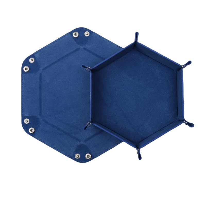 Hexagonal Dice Tray Foldable PU Leather with Velvet Interior for Tabletop Gaming RPG DND (Blue)