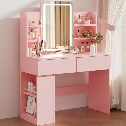 Airfish Coiffeuse avec Miroir et LED, Table de Maquillage avec 3 Étagères et 2 Tiroirs, Coiffeuse avec Grand Tiroir et Armoire, Lumière LED Réglable (Rose)