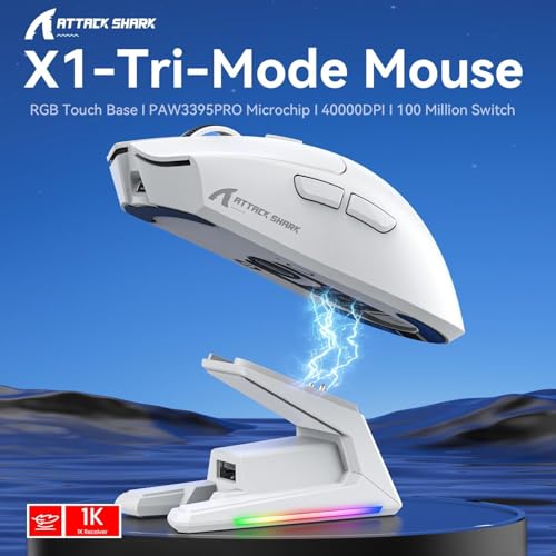 Image of ATTACK SHARK X1 Superlight Wireless Gaming Mouse with RGB Magnetic Charging Dock, BT /2.4G Wireless /Wired Gaming Mouse, PAW3395PRO Gaming Sensor, 40000DPI, 53g Office Mice for PC /Mac /Win /Xbox (White)