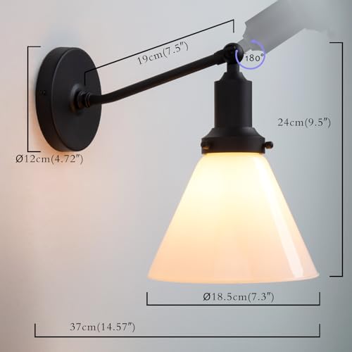 Image of PERMO Industrial Vintage Slope Pole Wall Mount Single Sconce with Funnel Flared Milk White Glass Shade Matte Black Wall Sconce Light Lamp Fixture