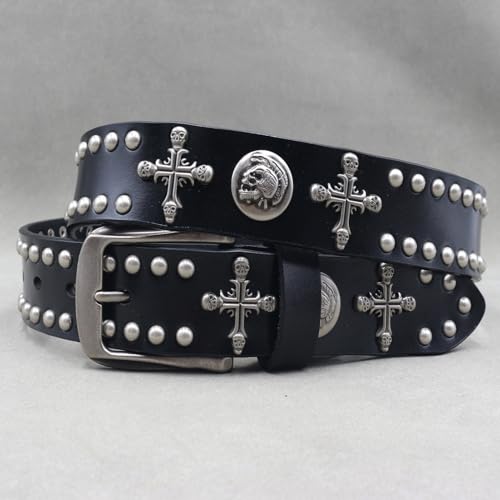 Unisex Punk Rock Studded Belt - Handcrafted Leather Strap With Cross Skull Head Rivets & Buckle4