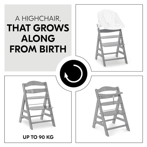 Image of hauck Alpha+ Grow Along Seat Solid Beechwood Booster Chair with Adjustable Seat, 5 Point Safety Harness, & Bumper Bar for Infants & Toddlers, Grey
