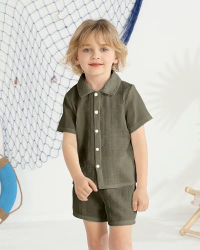 Image of Toddler Boy Clothes Little Kids Summer Outfits Short Sleeve Button Down Shirt Top Shorts Set 2 PCS Boy's Clothing