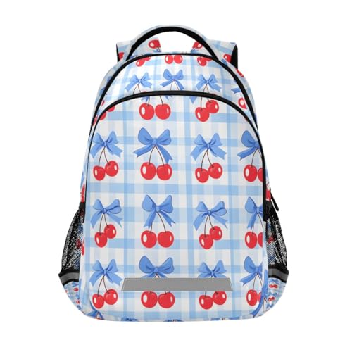 Cherry Blue Bow Grid Pattern Backpacks for Kids School Bag Student Backpack Bookbag For Boys Girls Casual Bag