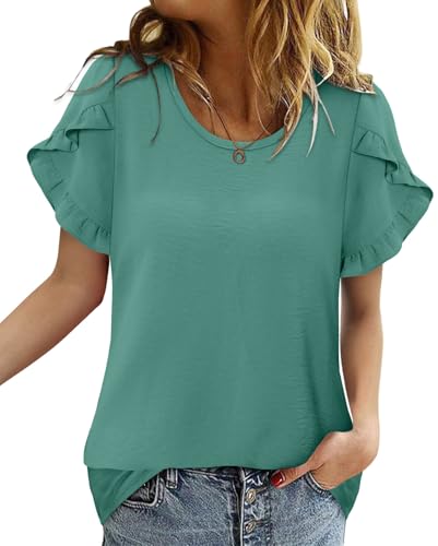 CRAZY GRID Women's Shirts Summer Casual Crewneck Ruffle Short Sleeve Blouses Cute Floral Print Tunic Tops