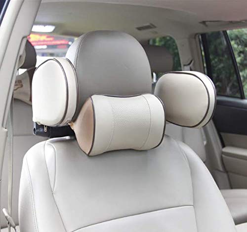 Car Seat Headrest Pillow, Support Neck Pillow Head Protection Cervical Spine Adjustable on Both Sides Telescopic Version PU Leather Universal for Kids Adults Travel(Beige)