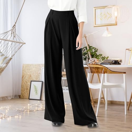 Gumipy Womens Wide Leg Work Pants Elastic High Waisted Pull On Dress Pants Flowy Pleated Business Casual Trousers with Pocket2