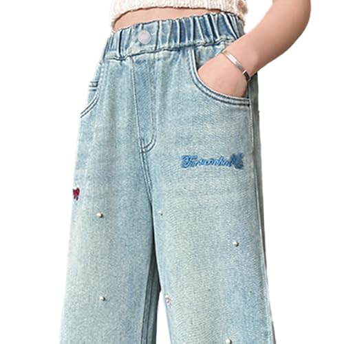 Girls' Pearl Jeans, Wide Leg Denim Pants with Bowknot Embroidery, 5 Pockets Trendy Casual Trousers for Tween3