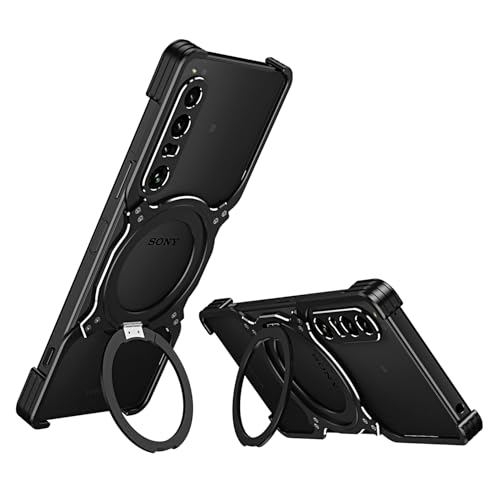 Xperia 1 VII 向け バンパー ケース エアバッグ保護 メタル フレーム 衝撃吸収 レンズ保護プレート付き 回転 スタンド機能 アルミニウム製 SO-51F用金属カバー XP17-JK-50707 (ブラックシルバー)