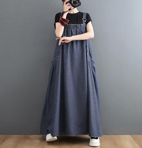 Image of Women's Casual Loose Denim Dress Sleeveless Adjustable Straps Denim Jumper Dress with Pockets