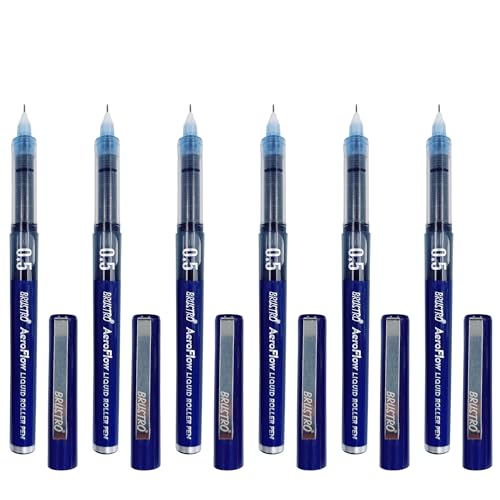 Image of BRUSTRO AeroFlow Liquid Ink Rollerball Pens | Blue | 0.5mm, Micro Tip | Pack of 6| Ideal for Students, Professionals, Office, Exam use, Accurate Smooth Writing, Fade Resistant