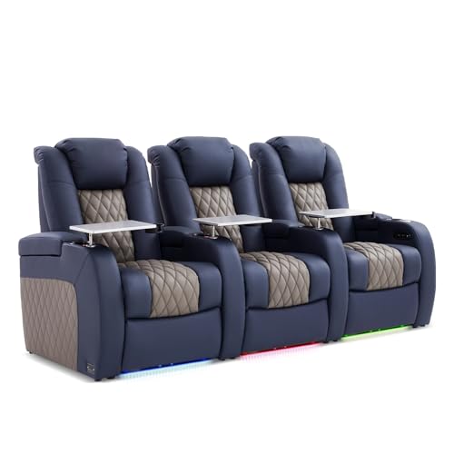 Weilianda Home Theater Seating, Top Grain Leather Movie Seats Recliner Chair, Zero Gravity Reclining Gaming Sofa with Power Headrest 7 Colors Ambient Lighting 3 Seats Blue Grey