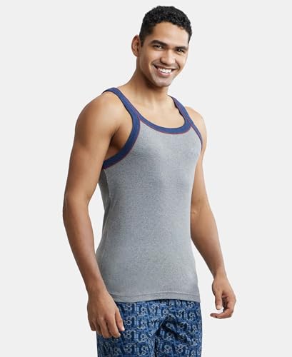 Image of Jockey US54 Men's Super Combed Cotton Rib Square Neckline Slim Fit Gym Vest with Back Panel Graphic Print (Shoulder Starp Color May Vary)