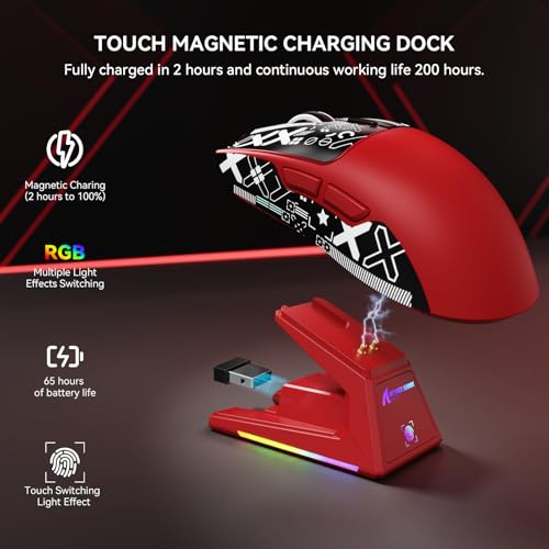 Image of X1 Superlight Wireless Gaming Mouse with RGB Magnetic Charging Dock, BT /2.4G Wireless /Wired Gaming Mouse, PAW3395PRO Gaming Sensor, 40000DPI, Tape, 53g Office Mice for PC /Mac /Win /Xbox (Red)