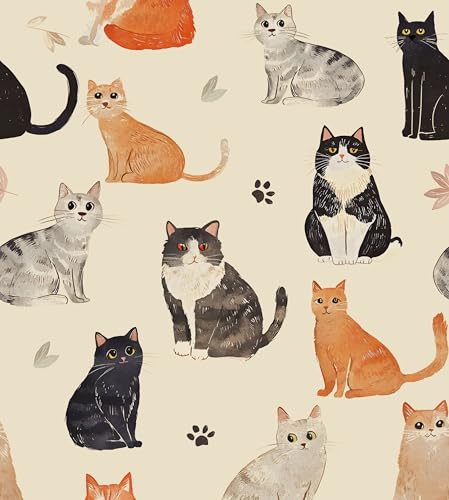 Cat Wallpaper Peel & Stick Vintage Beige 17.5"x118